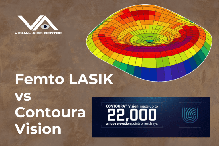 Comparison of Femto LASIK and Contoura Vision procedures. Features a colorful topographic map representing corneal elevation and text indicating Contoura Vision's ability to map up to 22,000 unique elevation points per eye. Includes the Visual Aids Centre logo.
