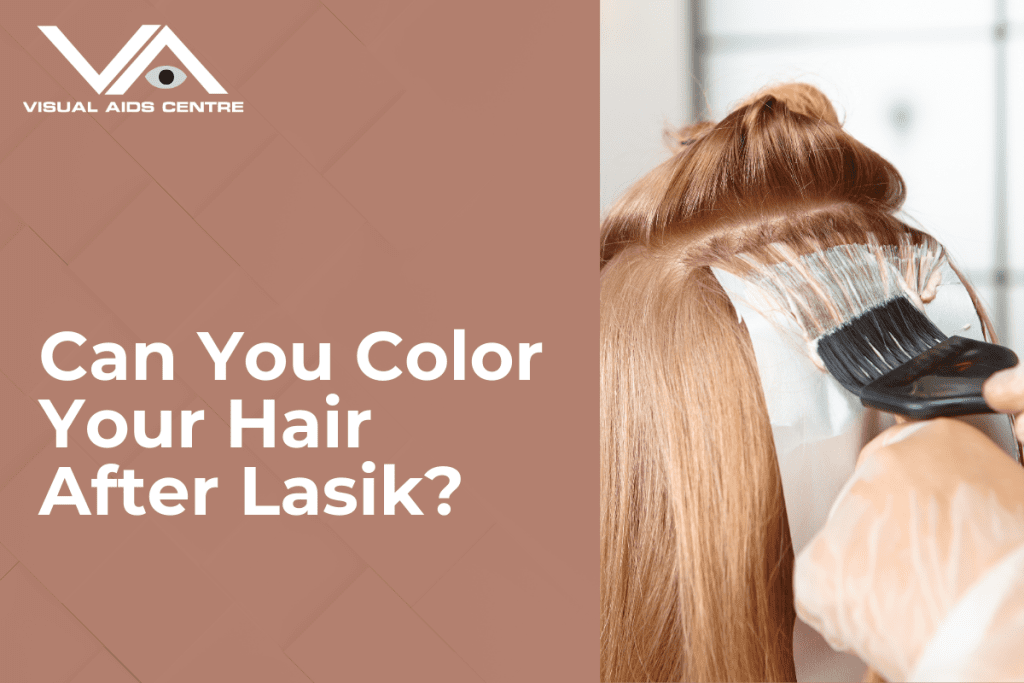 A close-up of hair coloring in progress, with a brush applying color to blonde hair. Text reads "Can You Color Your Hair After Lasik?".